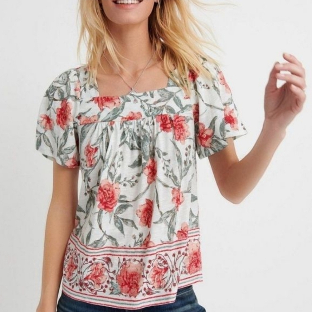 Lucky Brand RedFloral Print Square Neck Top